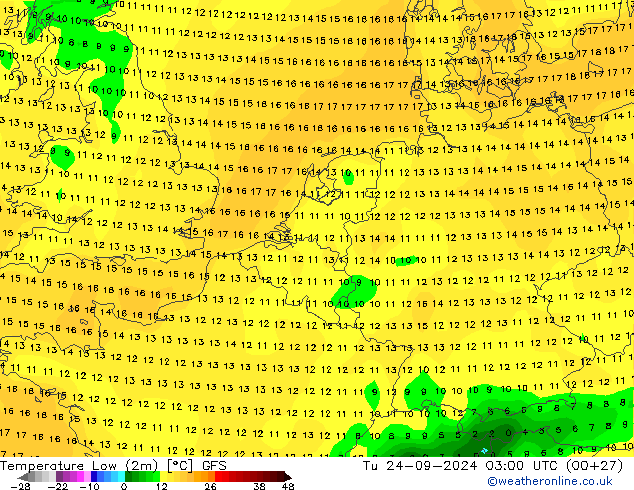 Temperature Low (2m) GFS Tu 24.09.2024 03 UTC