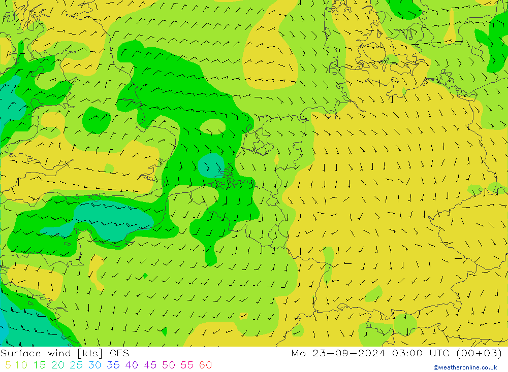 ветер 10 m GFS пн 23.09.2024 03 UTC