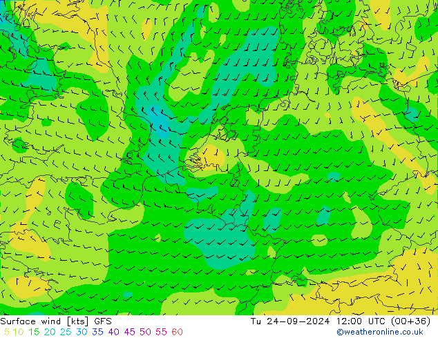 Surface wind GFS Tu 24.09.2024 12 UTC