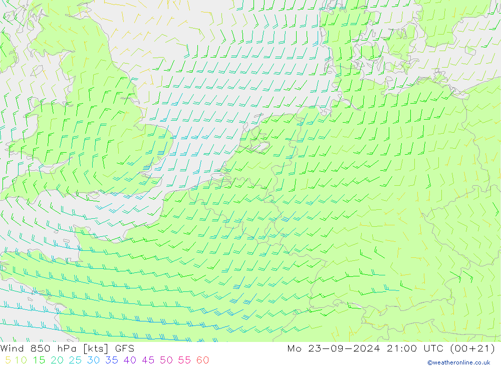 Wind 850 hPa GFS Mo 23.09.2024 21 UTC