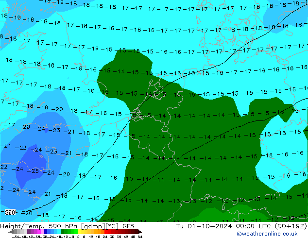 Hoogte/Temp. 500 hPa GFS di 01.10.2024 00 UTC