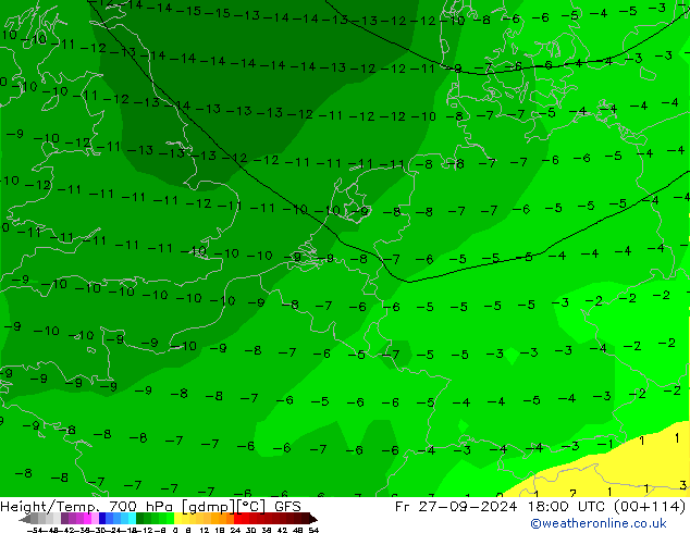 Height/Temp. 700 hPa GFS Fr 27.09.2024 18 UTC