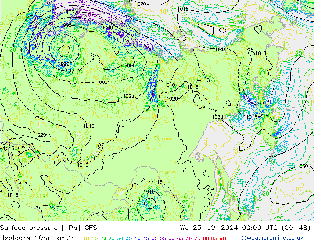 Isotachs (kph) GFS Qua 25.09.2024 00 UTC