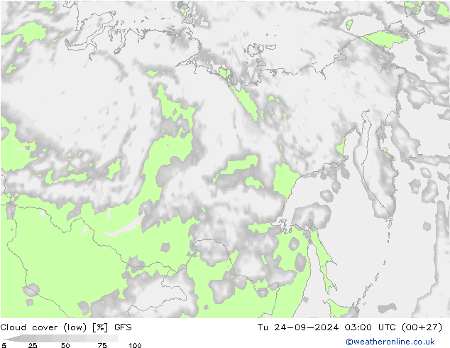 Cloud cover (low) GFS Tu 24.09.2024 03 UTC