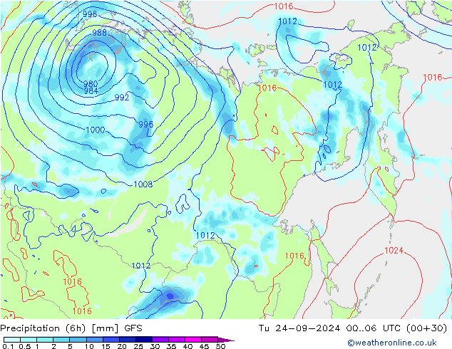 Z500/Rain (+SLP)/Z850 GFS  24.09.2024 06 UTC