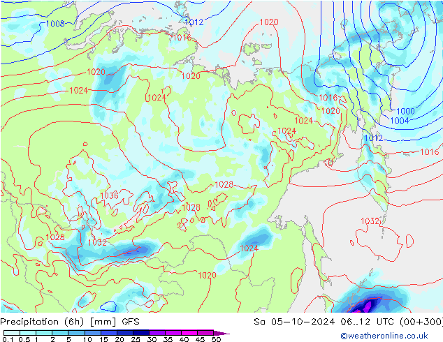 Precipitation (6h) GFS Sa 05.10.2024 12 UTC