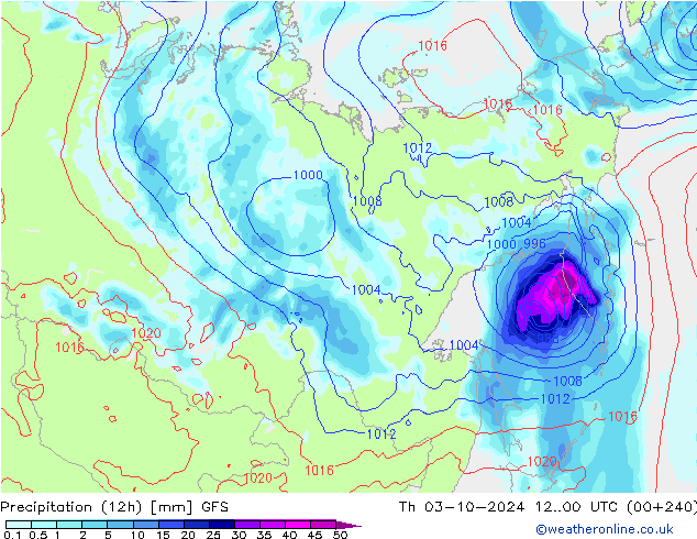 Totale neerslag (12h) GFS do 03.10.2024 00 UTC