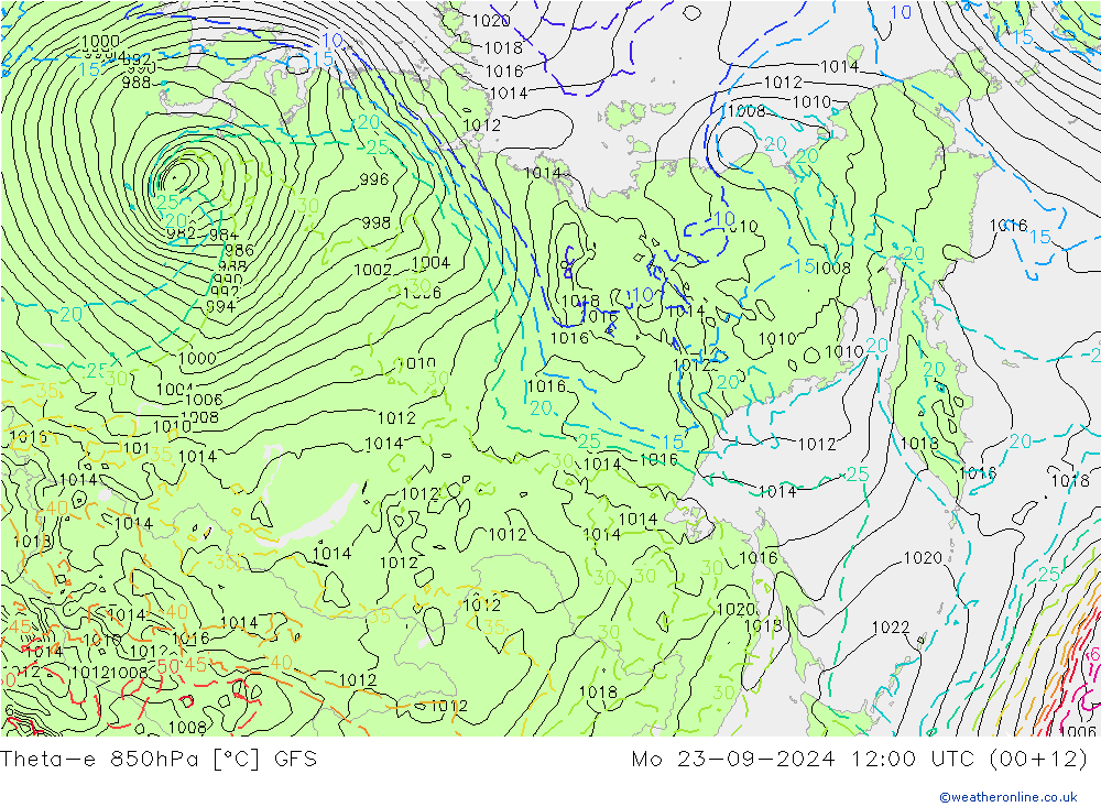 Theta-e 850hPa GFS pon. 23.09.2024 12 UTC