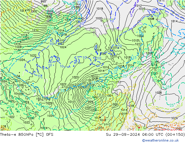 Theta-e 850hPa GFS Dom 29.09.2024 06 UTC