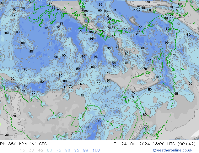 RH 850 hPa GFS Tu 24.09.2024 18 UTC