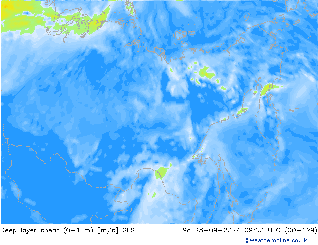 Deep layer shear (0-1km) GFS sam 28.09.2024 09 UTC