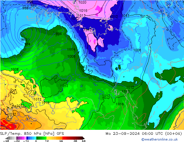 SLP/Temp. 850 гПа GFS пн 23.09.2024 06 UTC