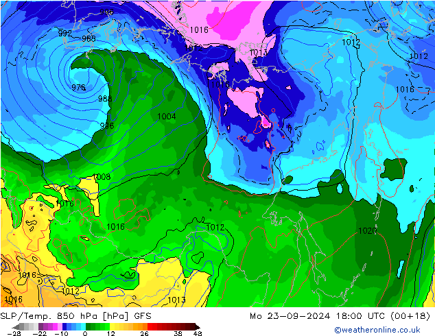 SLP/Temp. 850 hPa GFS Mo 23.09.2024 18 UTC