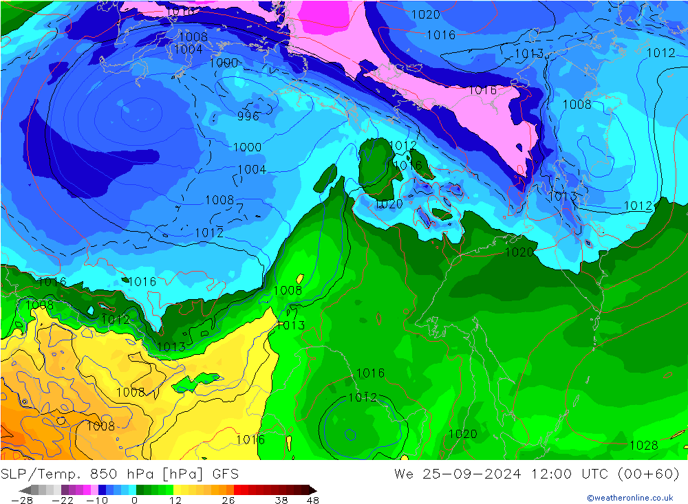 SLP/Temp. 850 hPa GFS mer 25.09.2024 12 UTC