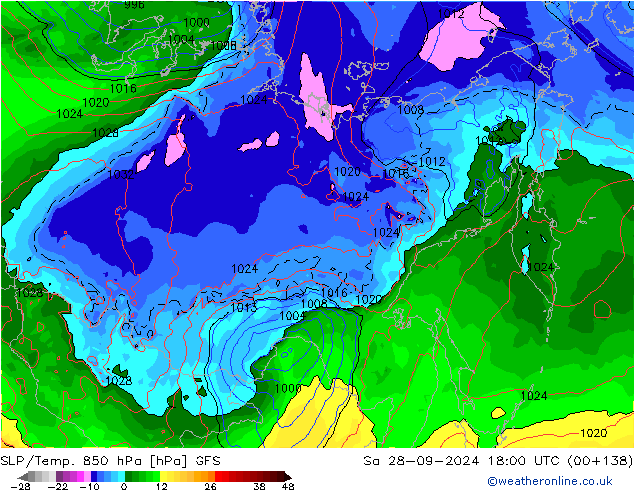 SLP/Temp. 850 hPa GFS Sa 28.09.2024 18 UTC