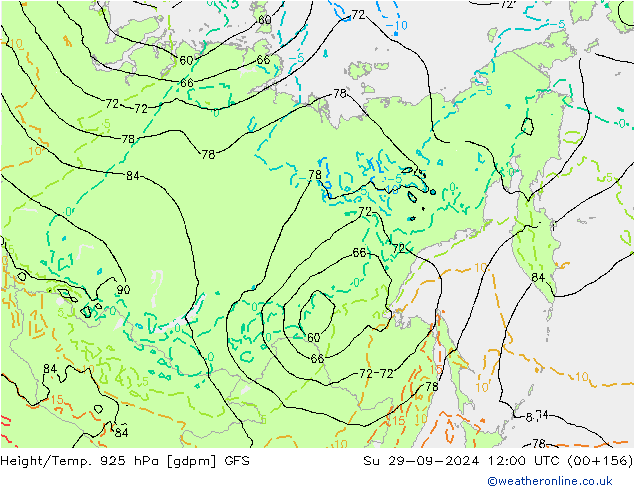 Géop./Temp. 925 hPa GFS dim 29.09.2024 12 UTC