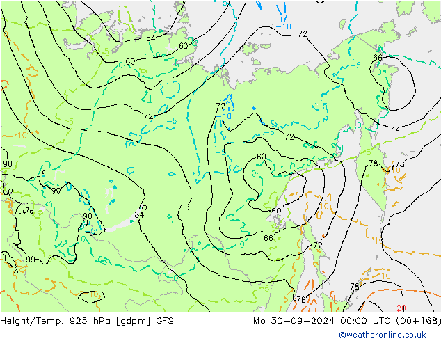 Height/Temp. 925 hPa GFS Mo 30.09.2024 00 UTC