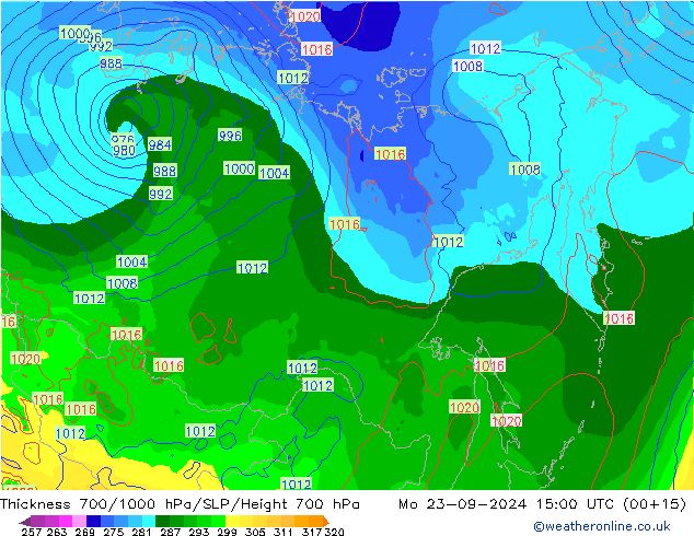 Thck 700-1000 гПа GFS пн 23.09.2024 15 UTC