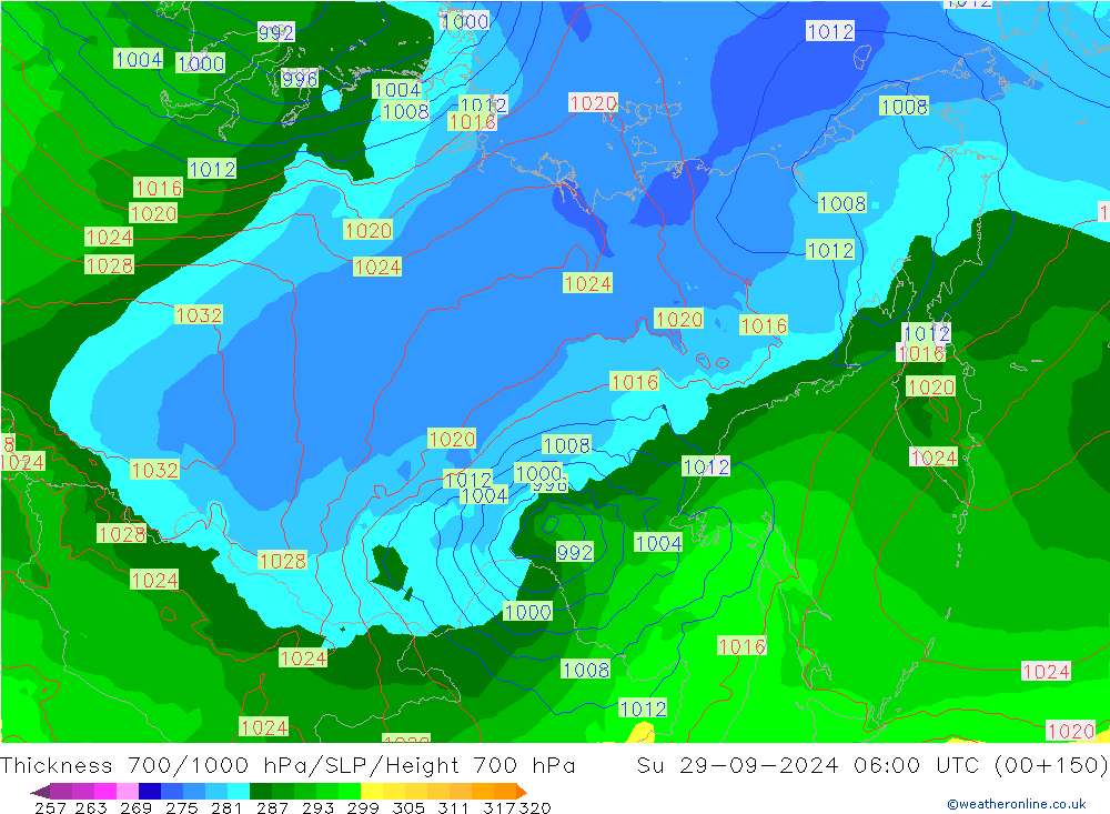 Schichtdicke 700-1000 hPa GFS So 29.09.2024 06 UTC