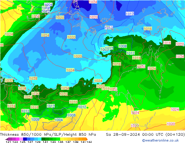 Dikte 850-1000 hPa GFS za 28.09.2024 00 UTC