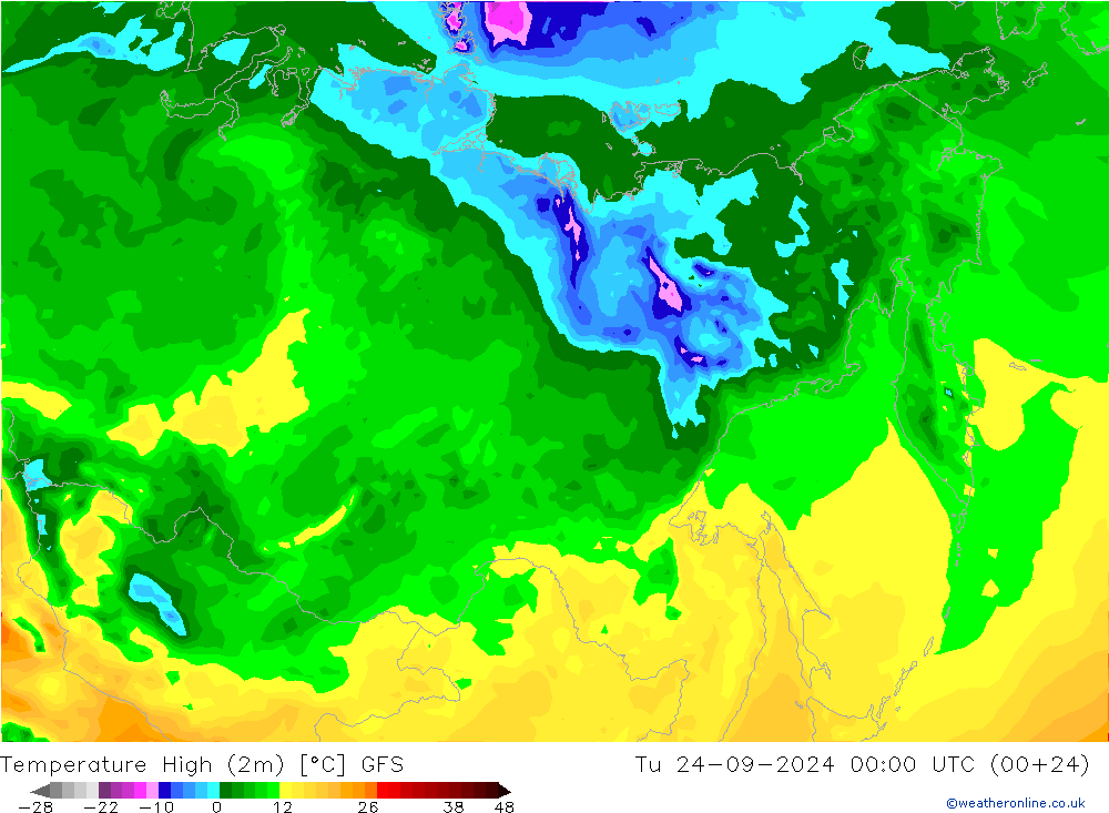 Nejvyšší teplota (2m) GFS Út 24.09.2024 00 UTC