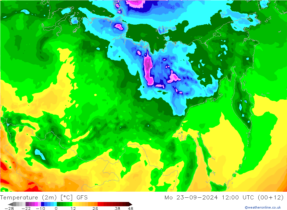 mapa temperatury (2m) GFS pon. 23.09.2024 12 UTC