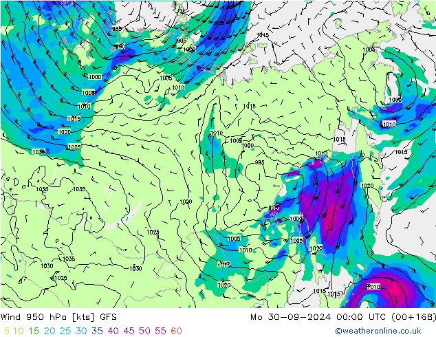 wiatr 950 hPa GFS pon. 30.09.2024 00 UTC