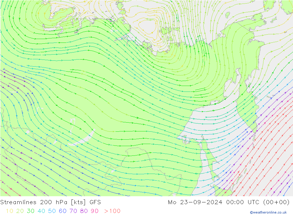 Stroomlijn 200 hPa GFS ma 23.09.2024 00 UTC