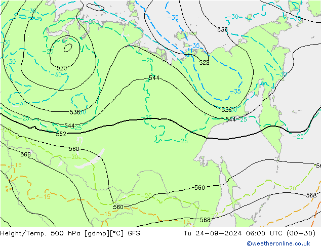 Z500/Rain (+SLP)/Z850 GFS  24.09.2024 06 UTC