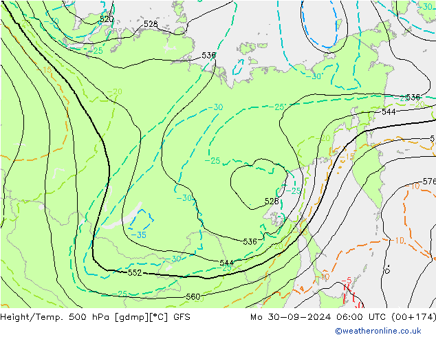 Z500/Rain (+SLP)/Z850 GFS lun 30.09.2024 06 UTC