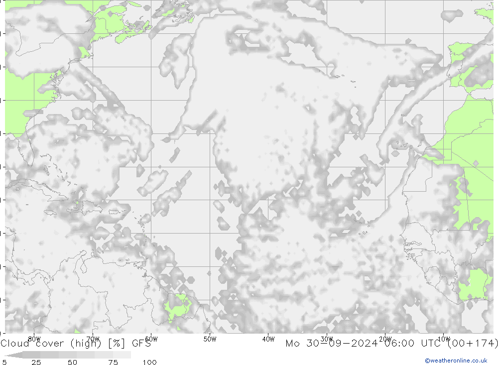 Cloud cover (high) GFS Mo 30.09.2024 06 UTC