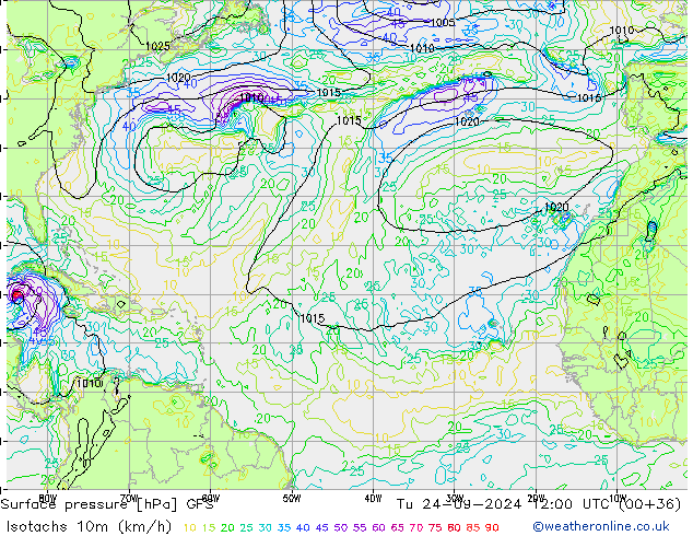 Isotaca (kph) GFS mar 24.09.2024 12 UTC