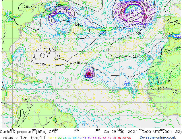 Isotachs (kph) GFS Sa 28.09.2024 12 UTC