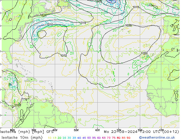 Isotachs (mph) GFS Po 23.09.2024 12 UTC