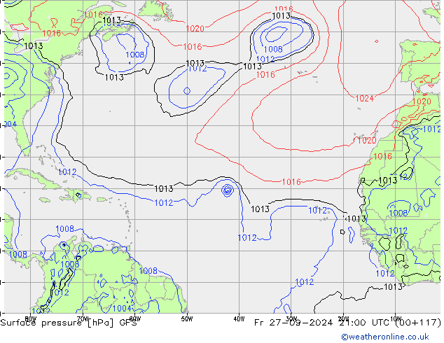 Surface pressure GFS Fr 27.09.2024 21 UTC