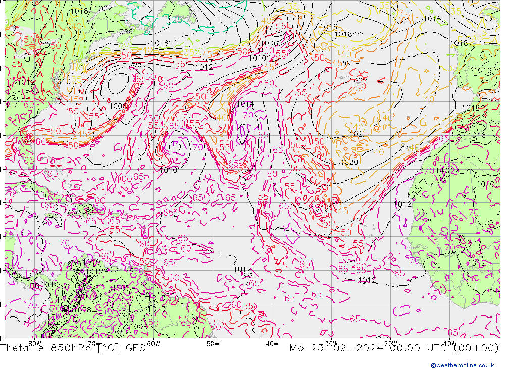 Theta-e 850hPa GFS Mo 23.09.2024 00 UTC