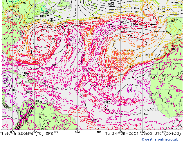 Theta-e 850hPa GFS Sa 24.09.2024 09 UTC