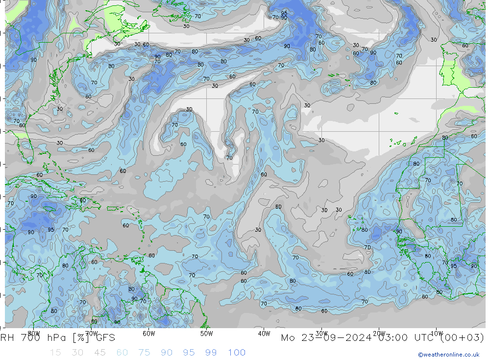 Humidité rel. 700 hPa GFS lun 23.09.2024 03 UTC