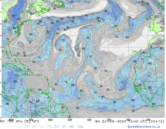 RH 700 hPa GFS Mo 23.09.2024 12 UTC