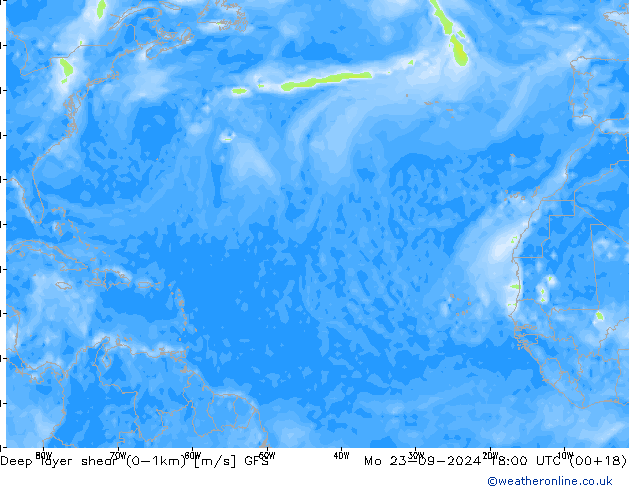 Deep layer shear (0-1km) GFS Mo 23.09.2024 18 UTC