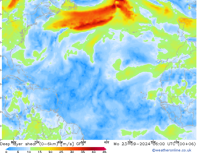 Deep layer shear (0-6km) GFS Seg 23.09.2024 06 UTC