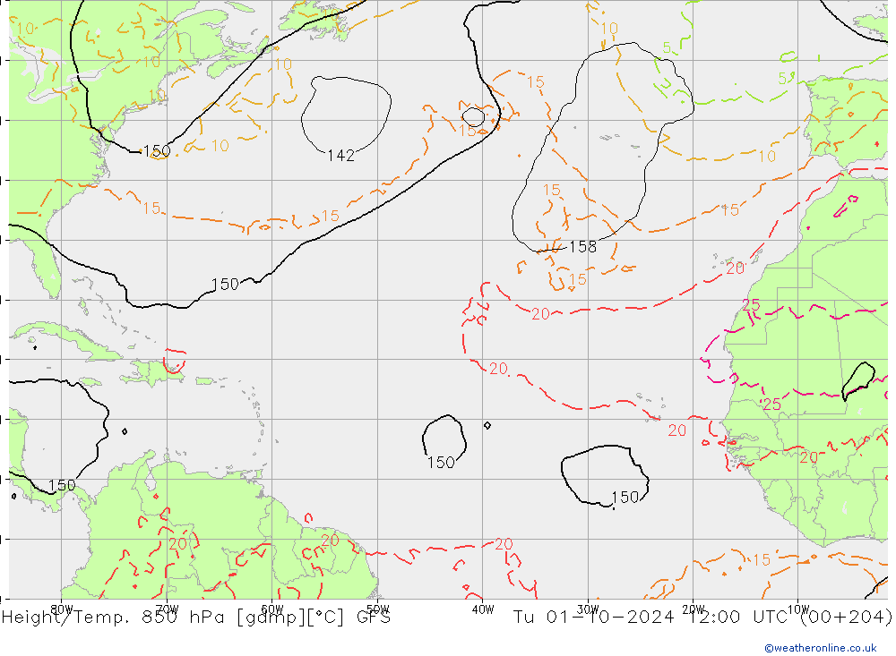 Yükseklik/Sıc. 850 hPa GFS Sa 01.10.2024 12 UTC