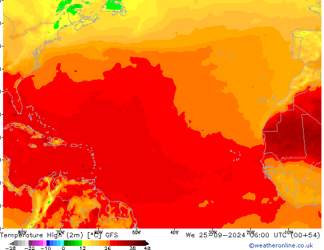 Temperatura máx. (2m) GFS mié 25.09.2024 06 UTC