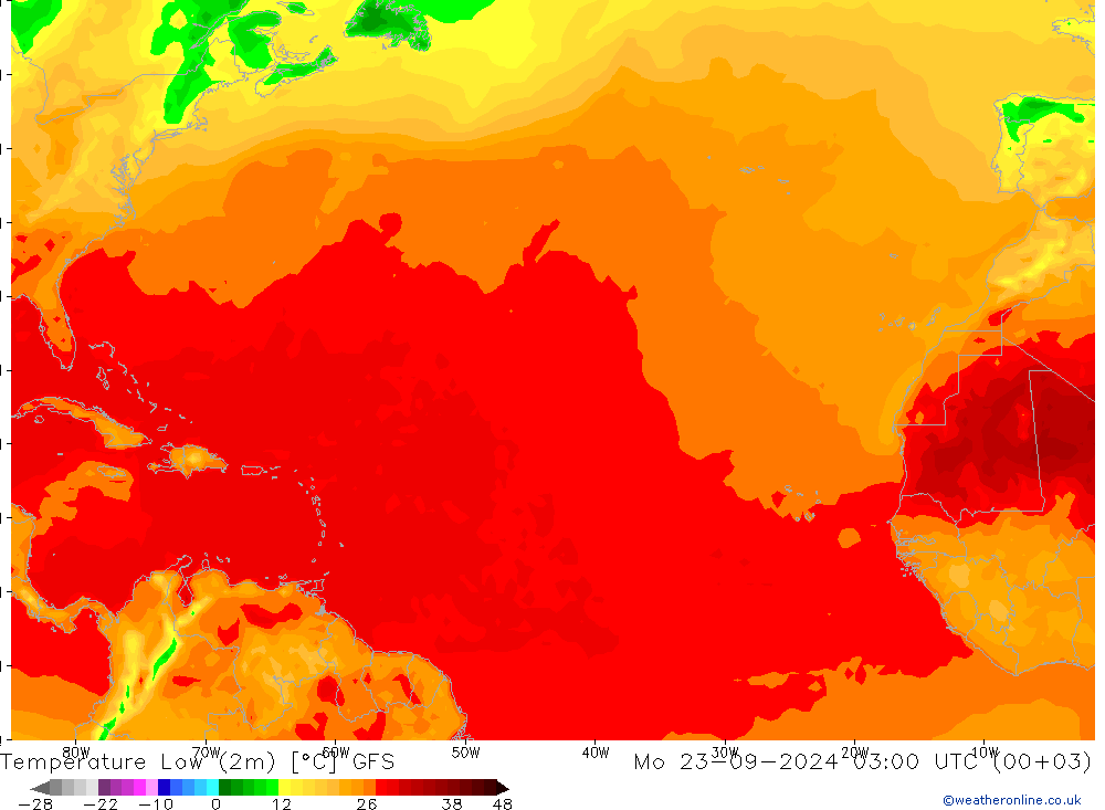 Temperature Low (2m) GFS Mo 23.09.2024 03 UTC