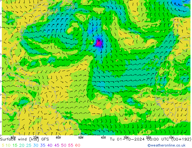 Surface wind GFS Út 01.10.2024 00 UTC