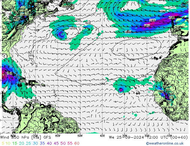 Wind 850 hPa GFS We 25.09.2024 12 UTC