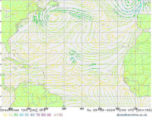 Ligne de courant 10m GFS dim 29.09.2024 12 UTC