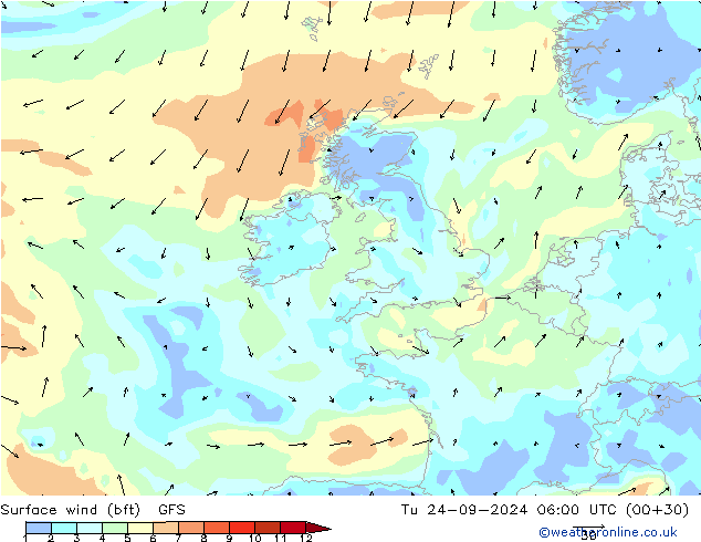 Surface wind (bft) GFS Tu 24.09.2024 06 UTC