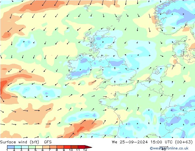 Viento 10 m (bft) GFS mié 25.09.2024 15 UTC