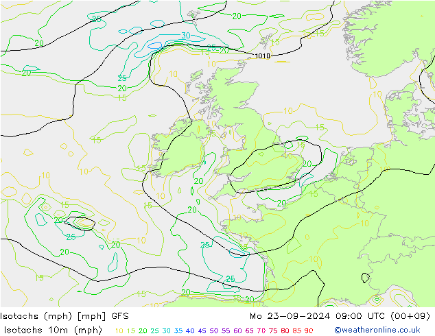 Isotachs (mph) GFS Mo 23.09.2024 09 UTC